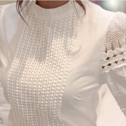 2019 Summer New Women Blouses Slim Bottoming Long-sleeved White Shirt Lace Hook Flower Hollow Casual Shirts Blouse Plus Size 5xl