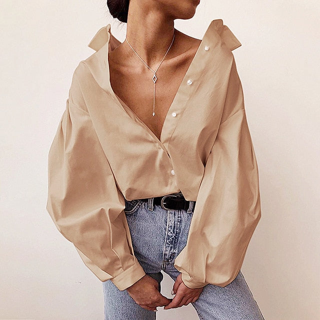 InstaHot Lantern Sleeve Elegant Shirt White Black Sexy Button Vintage Blouse Turn Down Collar Office Ladies Shirt Female Casual