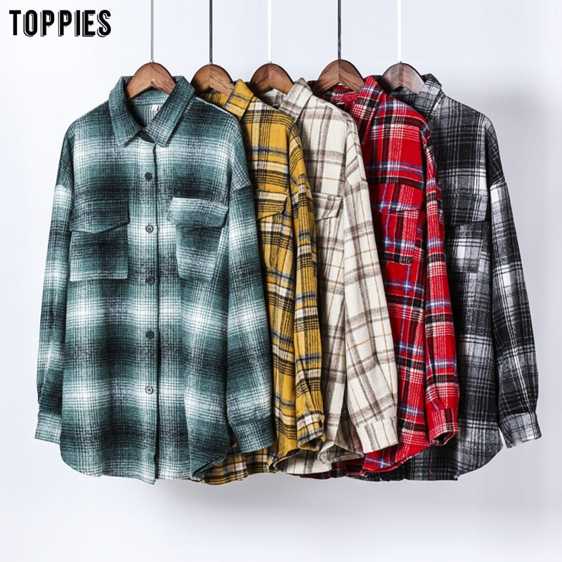 Toppies 2020 Vintage Plaid Shirts Women oversized shirts Female Blouse Tops plus size clothing Long Sleeve Button